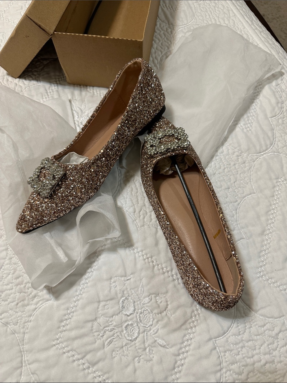 Embellished Glitter Pointed Flats in Rose Gold
